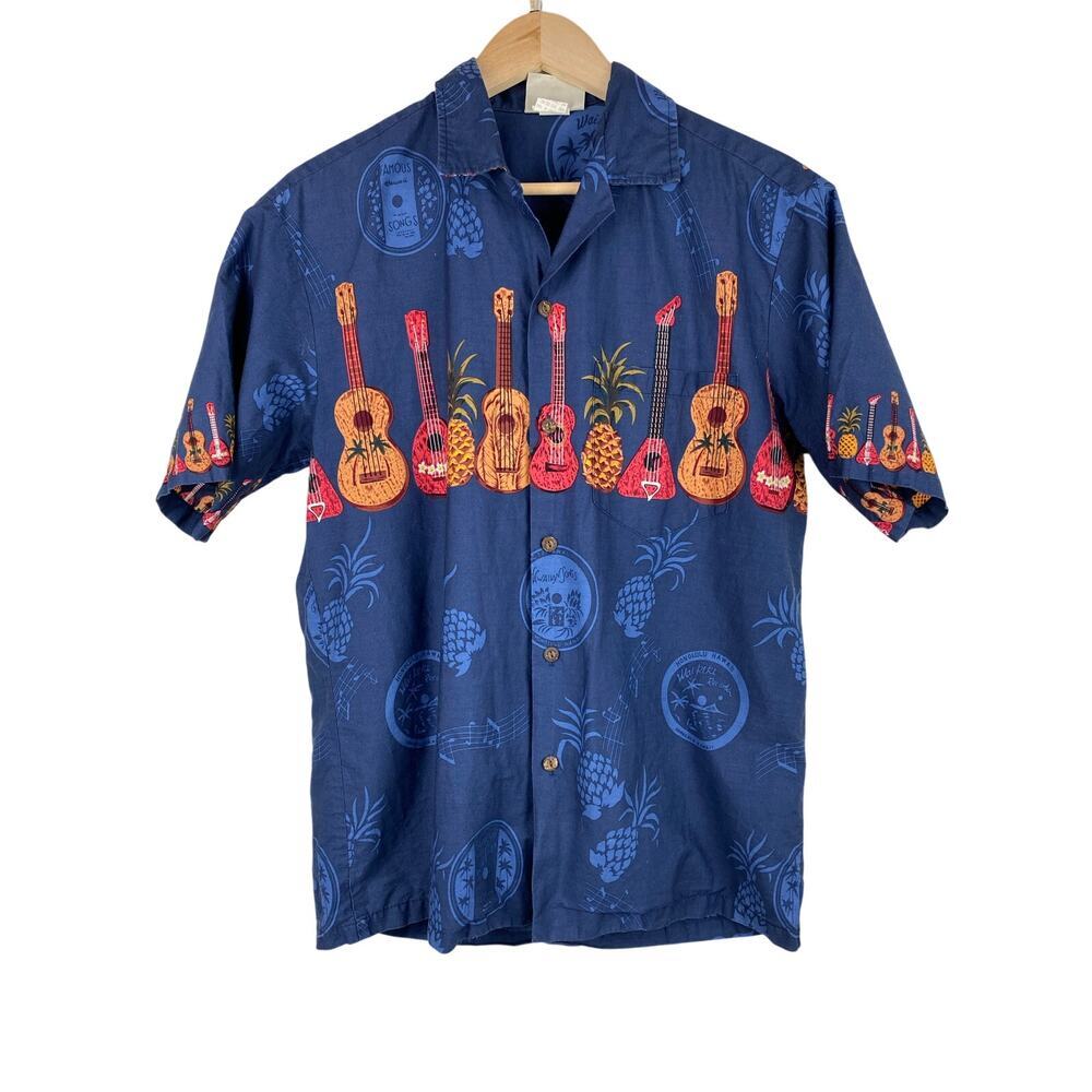 Winnie Fashion‎ Men's Size M Blue Button Up Guitar Shirt Made in Hawaii *